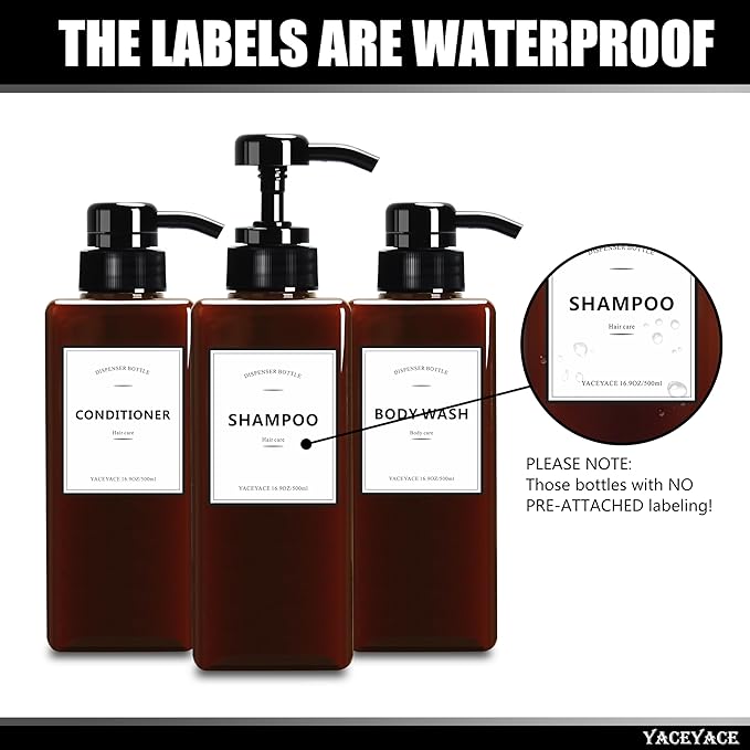 Shower Bottles with Pump, YACEYACE 16.9oz Set of 3 Amber Shampoo Dispenser Bottles, Refillable Shampoo Dispenser for Bathroom, Kitchen