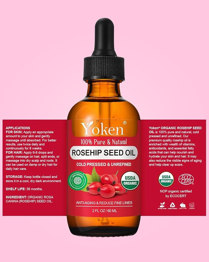 Organic Rosehip Seed Oil for Face, 100% Pure and Natural Cold Pressed Unrefined Rosehip Oil Carrier for Skin, Hair & Nails - Lightweight, Fast-Absorbing (2 fl oz)