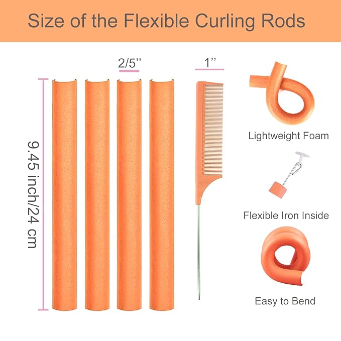 Flexible Hair Curlers, 38 PCs 9.45" Soft Foam Twist Rods for Long Hair, No Heat Overnight Curls & 2 Steel Pintail Combs