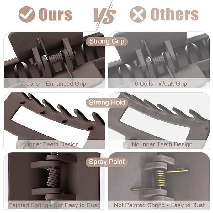 TOCESS Hair Claw Clips for Women - 8PK Large Neutral Matte Square Jumbo Hair Clips for Thick, Thin, Long, Short, Curly Hair Girls, Big Jaw Clip Set for Daily Use(Mocha Brown)