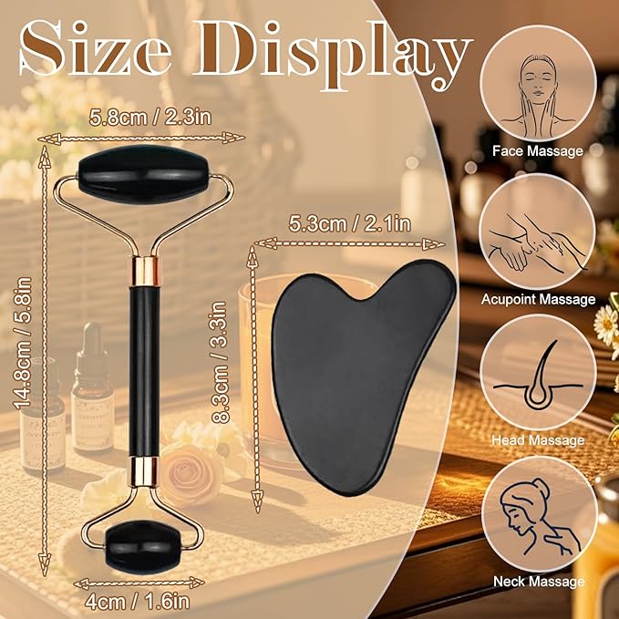 Gua Sha Facial Massage Tool and Roller Set, Facial Massager for Face, Neck, Arms, Eyes, Reduce Puffiness, Improve Wrinkles, Daily Self-Care Gift for Men and Women Emerald Green Pink White