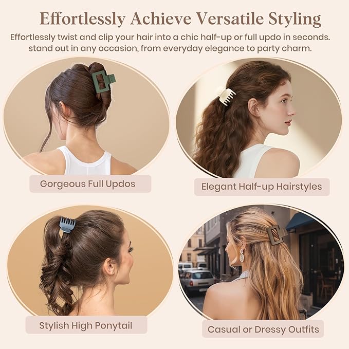8 PCS Medium Hair Clips for Women Girls - 2 Styles Rectangle and Double Row Teeth Small Claw Clips for Thin Thick Hair, Matte Non-slip Strong Hold Jaw Clips Hair Accessories, Chic Colors