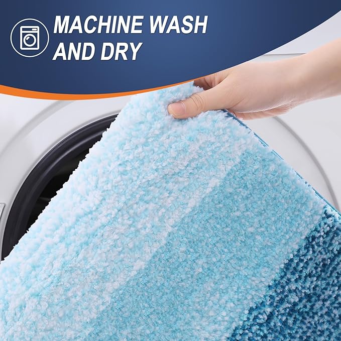 OLANLY Bathroom Rugs Sets 3 Piece, Soft Absorbent Microfiber Bath Mats and U-Shaped Contour Toilet Rug, Plush Shaggy Bath Mat Set for Bathroom (47"x20"+24"x16"+24"x20", Peacock Blue)
