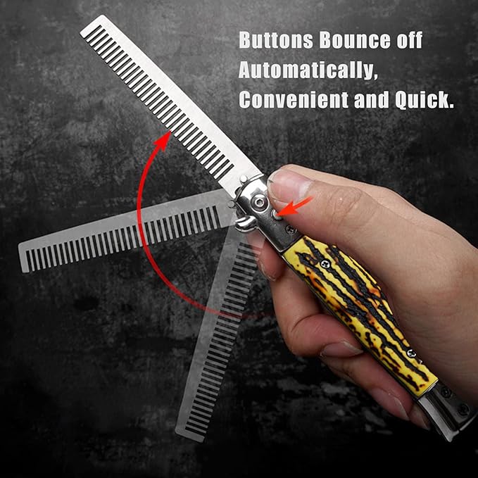 Folding Pocket Comb, Stainless Steel Beard Comb for Men, Switchblade Fine Tooth Mustache Combs Designed for Hair Salon Beauty Tool (Bone)