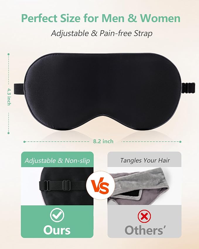 BeeVines 100% Real Mulberry Silk 2 Pack Sleep Mask, Pure Silk Eye Masks with Adjustable Strap for Sleeping, 100% Block Light Eye Shade Cover, Reduces Puffy Eyes Traveling Gifts(Black & Peacock Blue)