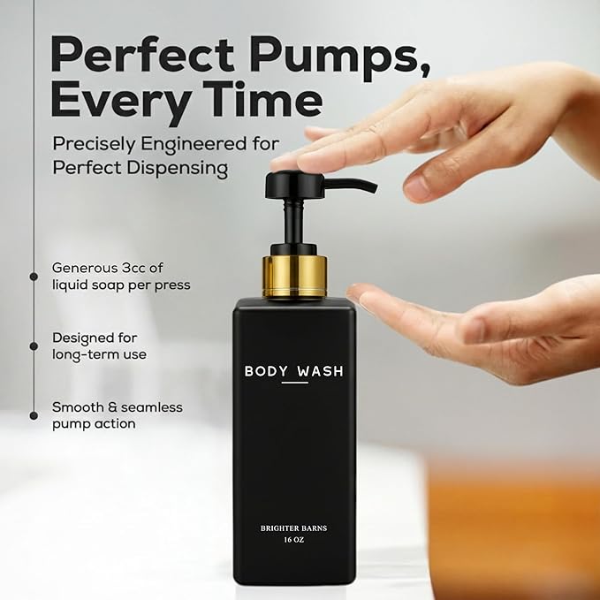 Black Shampoo and Conditioner Dispenser Set by Brighter Barns - Body Wash and Shower Soap Dispenser - Refillable Shampoo and Conditioner Bottles for Gold Bathroom Decor, Guest Bathroom, Airbnb (Black)