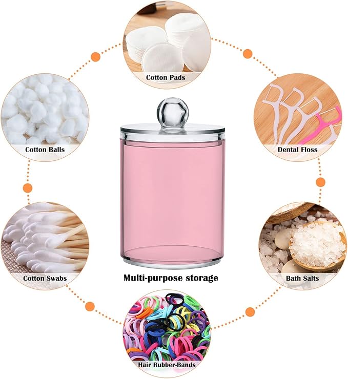 Pink Qtip Holder Organizer Dispenser Cotton Swabs Cans Plastic Jars with Lid Set 4 Pack Bathroom Storage Canister for Cotton Ball Floss Cotton Pads