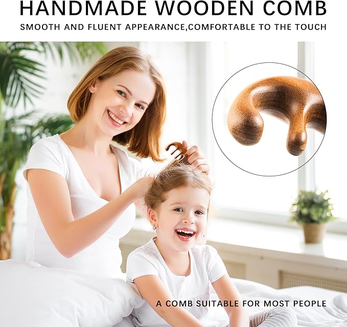 Wooden Comb, Head Massager Scalp Tool with Anti-Static Sandalwood Design, Scalp Massager for Hair Growth，Relaxing Hair Massager Scalp & Wide Tooth Comb for Detangling and Stress Relief