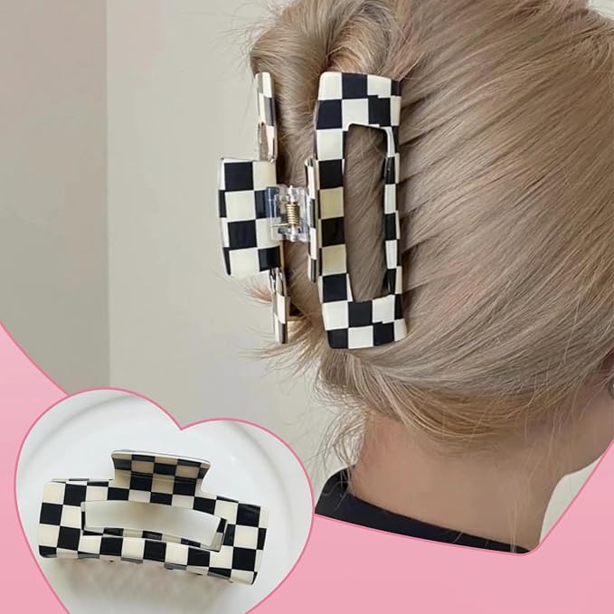 Checkered Rectangle Hair Claw Clips, Large Acrylic Multicolored Square Checker Barrettes for Thin Thick Hair Cute Non Slip Hair Jaw Clips Strong Hold Rectangle Claw Clamps for Women Ladies (4 Pack)