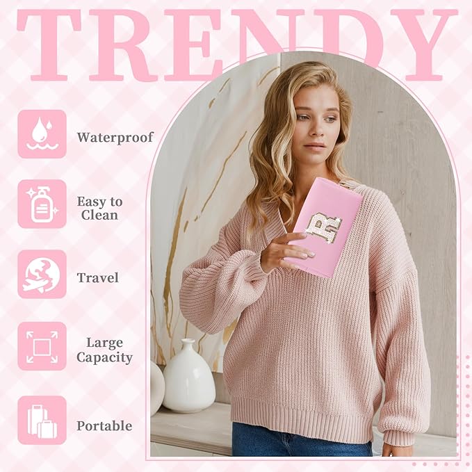Small Personalized Initial A-Z Patch Makeup Bag,Pink Cute PU Leather Glitter Letter Cosmetic Bag for Teen Girls,Travel Toiletry Bag with Zipper,Preppy Monogrammed Birthday Gift for Daughter Niece R