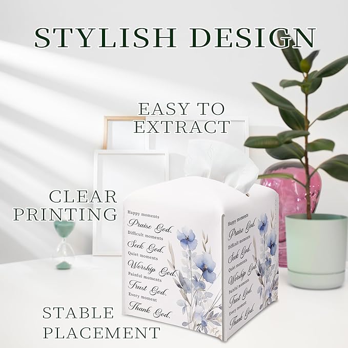 Bible Verses Christian Tissue Box Cover Square, Happy Moment Praise God Waterproof Leather Tissue Box Holder, Blue Flower Paper Facial Tissue Box Covers Cube for Office Home Prayer Room Decor