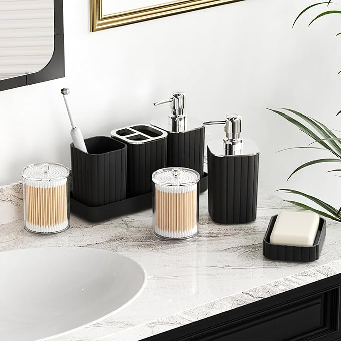 Bathroom Accessories Set - Gorgeous Bathroom Set, 10PC Black Bathroom Accessory Set, Toilet Brush, Trash Can, Qtip Holder & Soap Dispenser