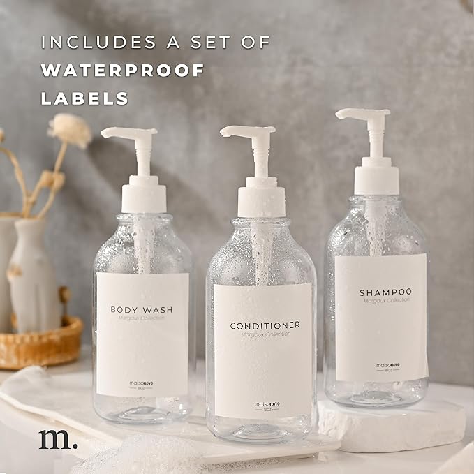 MaisoNovo Refillable Shampoo and Conditioner Bottles - 16.9 fl oz Set of 3 Clear Plastic Bottles White Pumps