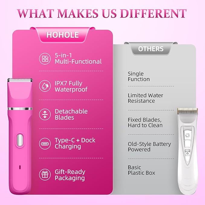 5-in-1 Bikini Trimmer for Women, IPX7 Waterproof Electric Razors Shaver, Cordless Body Hair Trimmer, Facial & Pubic Hair Removal, Ceramic Blade (Magenta)