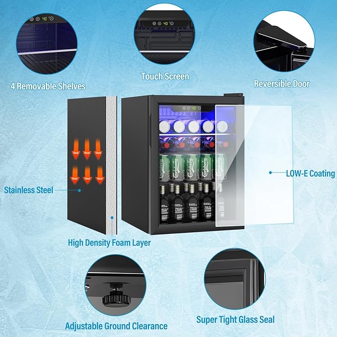 Compact Beverage Refrigerator,95 Can/2.6 Cubic Feet Fridge with Glass Front Door for Soda, Beer or Wine, Under Counter Small Refrigerator with Adjustable Shelve & Digital Display(Black)