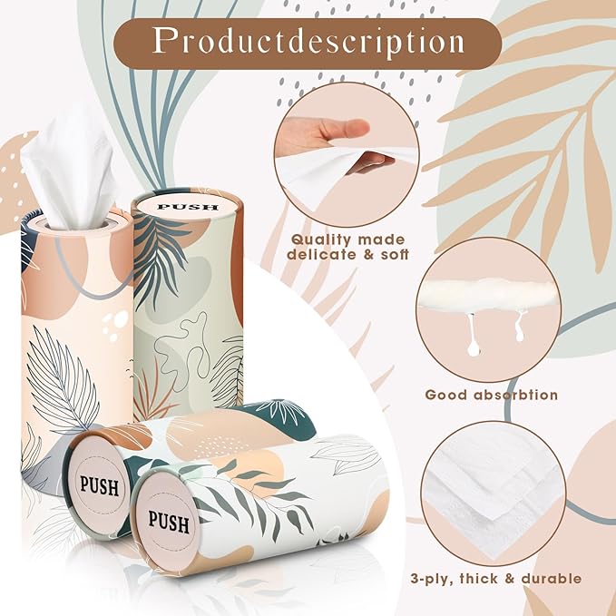 Outus 12 Pcs Boho Car Tissues Cylinder Holder with 3 Ply Facial Tissue Bulk Black White Round Tissue Holder Travel Tissues Boxes Container for Car Cup Wedding Birthday Party