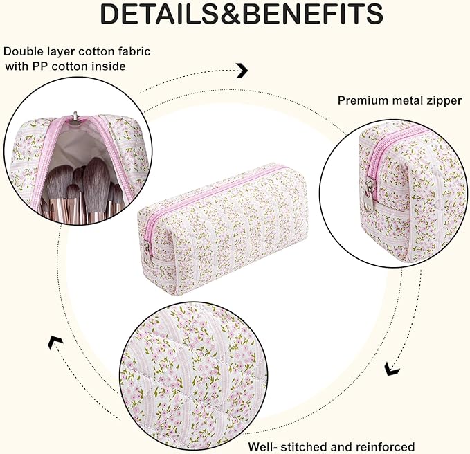 Cute Floral Makeup Brush Bag Small Cotton Quilted Cosmetic Bag for Women Travel Toiletry Zipper Make Up Pouch (Pink Floral)