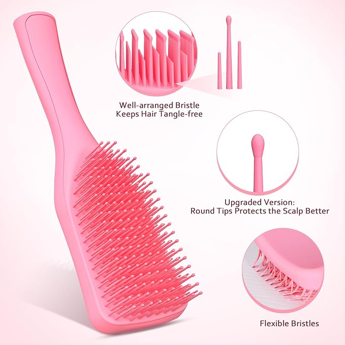 No Tangle Hair Brush for Wet or Dry, Wave-Shaped Detangler to Reduce Breakage, Lightweight Travel Hairbrush for Wavy, Thin, Long and Short Hair, Pink
