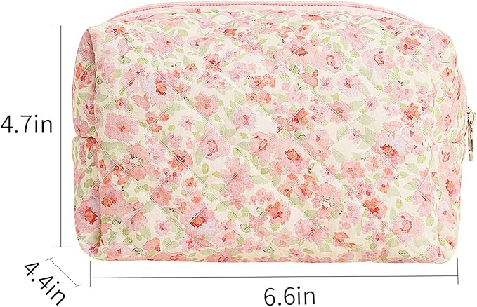 Quilted Makeup Bag Floral Cotton Make up Bag Puffy Coquette Makeup pouch Aesthetic Cute Travel Toiletry Bag for Women Girls