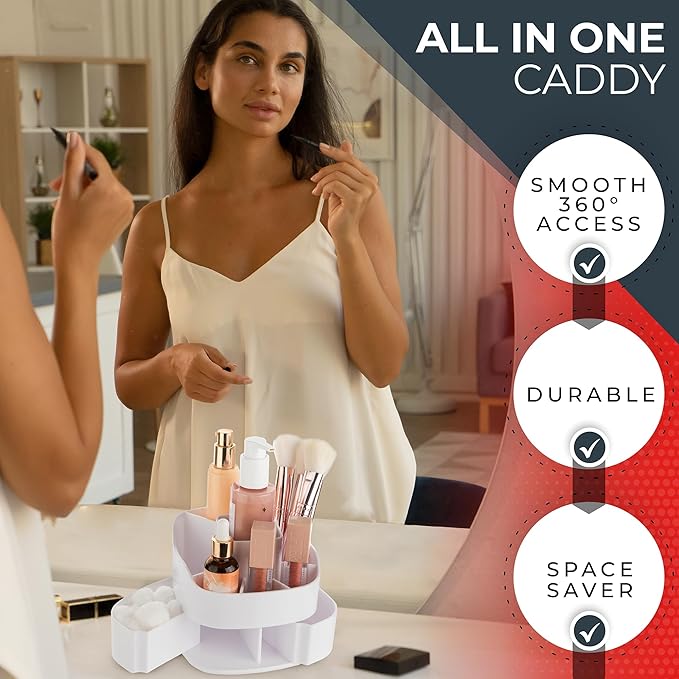Masirs Small 360 Rotating Makeup Organizer - Mini Yet Spacious Cosmetic Storage Solution with Multiple Compartments - The Perfect Spinning Make-Up Caddy for Vanity or Bathroom Counter (Square - White)