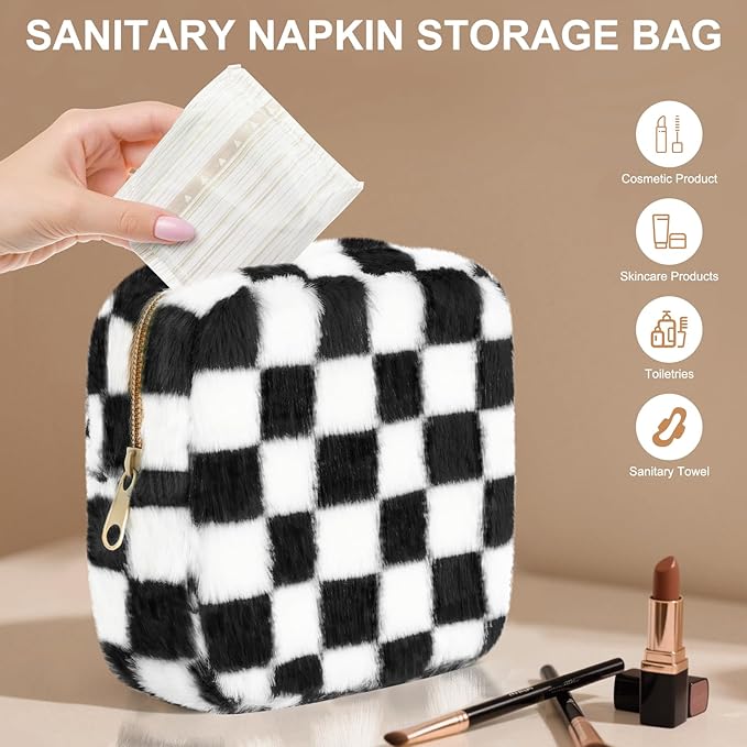 Sanitary Napkin Storage Bag, Period Bag for Teen Girls, Checkered Portable Menstrual Pad Pouch for Panty Liners, Tampon Storage Pouch for Women Ladies Daily Use Storage Purse Travel