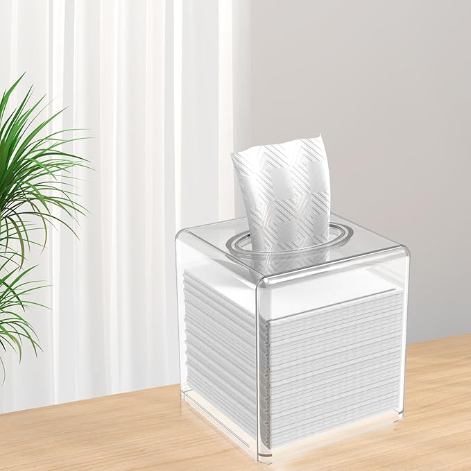 Clear Acrylic Square Facial Tissue Box Holder with Cover Modern Tissue Dispenser, Cover Napkin Organizer for Dryer Sheets, Bathroom, Desks, Countertop, Vanity, Bedroom Dressers,Kitchen Office Room