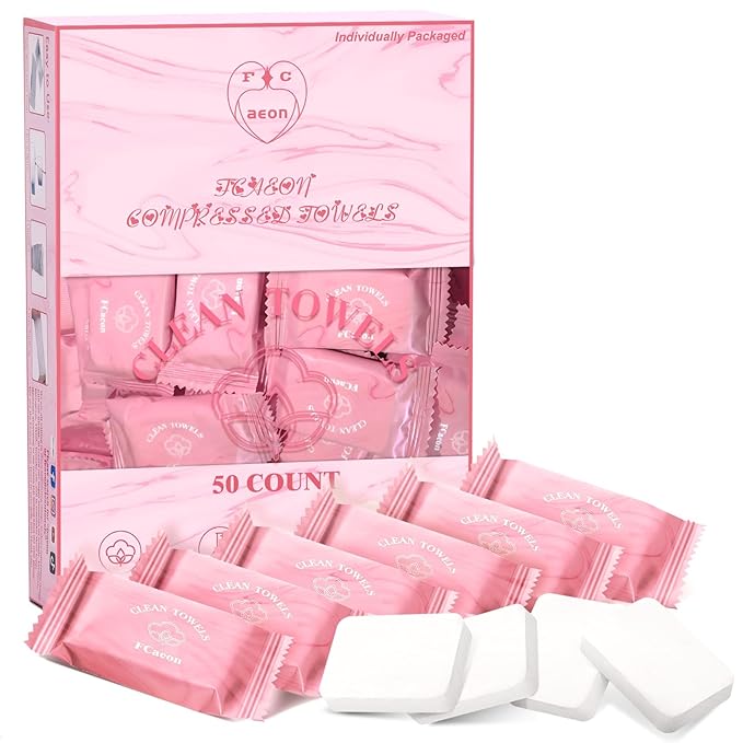 Disposable Face Towel Large Ultra Soft Compressed Towel Tablets for Travel Individually Wrapped, 12x9 Inch Portable Face Washcloths Reusable for Gym Hiking Camping Outdoor Sports(50 Pcs Pink)