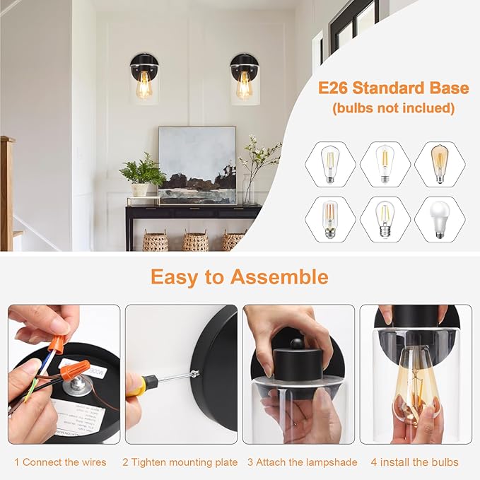 Kalium Wall Sconces, Matte Black Vanity Light Fixtures, Indoor Wall Lights with Clear Glass Shade, Hardwired Farmhouse Wall Lamp for Bedroom Living Room Bathroom (E26 Base 1pcs)