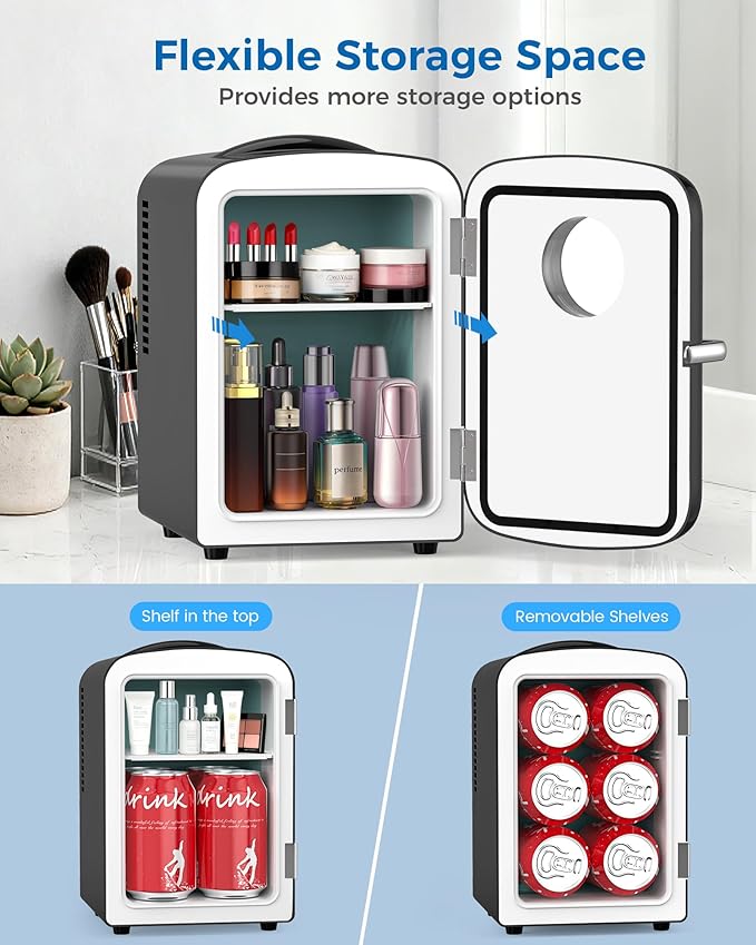 Mini Fridge for Bedroom, 4L/6 Cans Small Cosmetic Fridge for Skincare, Makeup & Drink, With Observation Window, Portable Desk Fridge Cooler and Warmer for Kids, Car, Office, Dorm, Black