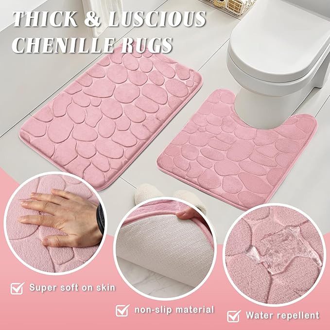 Bathroom Set with Shower Curtain and Rugs- 25PC Pink Bathroom Accessories, Shower Curtain Set, Toilet Brush, Trash Can, Qtip Holder & Soap Dispenser