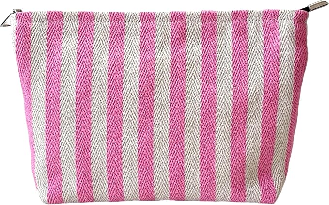 Pink Striped Canvas Makeup Bag, Lightweight Cosmetic Pouch with Large Zipper Pull & Cotton Blend Lining, Travel Toiletry Organizer for Women & Gifts, Skincare Bag Hygiene Pouch Sunscreen Bag