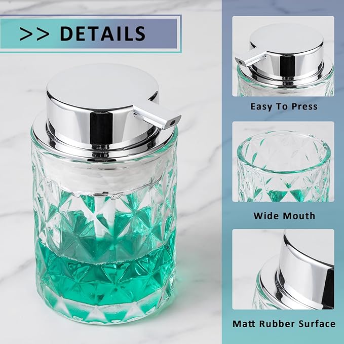Bathroom Glass Soap Dispenser with Durable Rust-Proof Plastic Liquid Pump (Can't Foam) Hand Lotion Dispenser Antislip Shampoo Kitchen 10oz 2 Pack