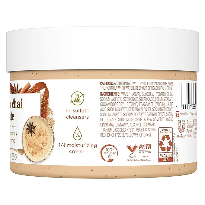 Dove Exfoliating Body Scrub – Spiced Chai Latte, Deeply Nourishing Exfoliant with ¼ Moisturizing Cream, 10.5 oz