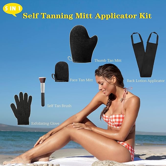 5 Pack Self Tanning Mitt Applicator Kit, Self Tan Glove, Face Tan Mitt, Back Lotion Applicator, Exfoliating Glove, Tanning Brush for Tanner Fake Bake