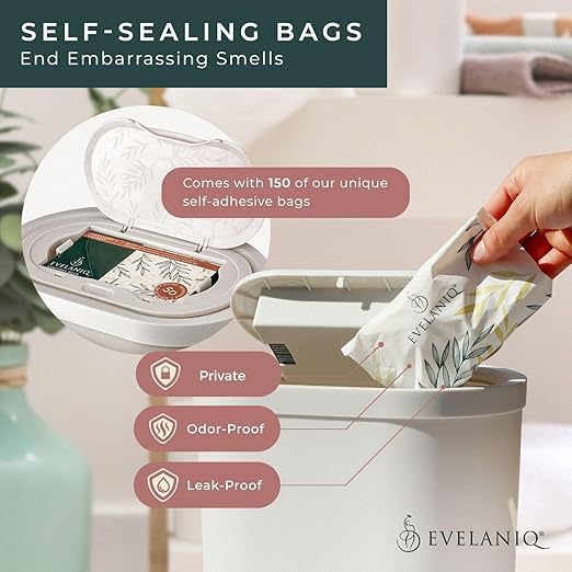 Women's Sanitary Napkin Receptacle (Bin + 150 Hygiene Bags) Feminine Pad & Tampon Restroom Disposal Receptacle Mini Trash Can Starter Pack, Light Grey for Home & Business Bathrooms.