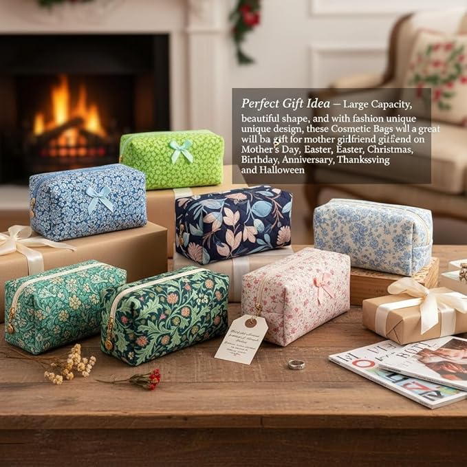 Floral Quilted Cotton Makeup Bag for Women, Large Capacity Travel Cosmetic Pouch with Zipper, Cute Toiletry & Brush Organizer, Kawaii Makeup Storage Case – Garden Green
