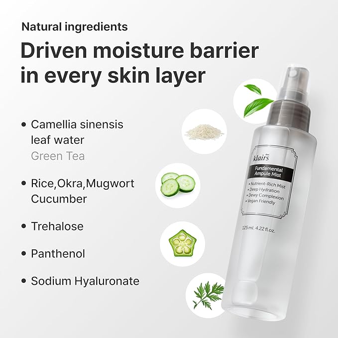 DearKlairs Fundamental Ampoule Mist, 75% Green Tea, Korean Face Toner Spray, Finishing Spray, Dewy Healthy Glow look, Makeup Setting, Lightweight, Fragrance-Free, 4.22 Fl Oz
