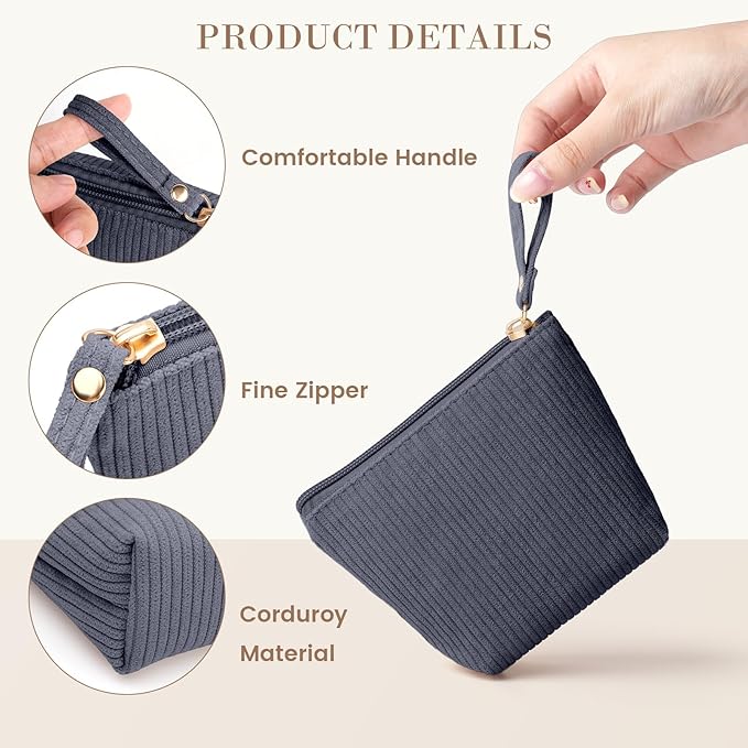 MAGEFY Mini Makeup Bag, Cute Small Makeup Bag for Purse Corduroy Cosmetic Bag for Women with Slip-in Pockets Travel Purse Essentials Lipstick Bag(Grey,Mini)