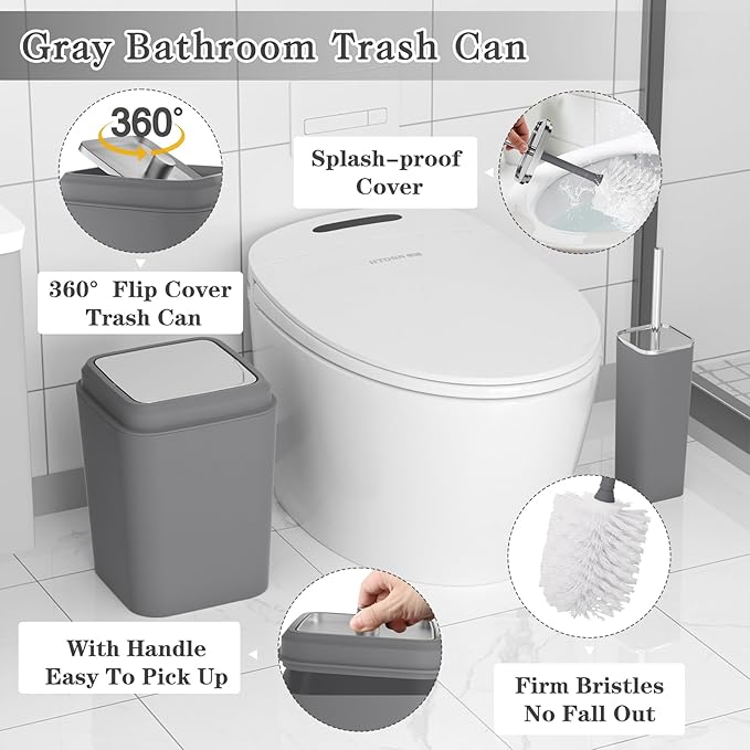 Grey Bathroom Accessories Set, Bathroom Sets with Shower Curtain and Rugs, Trash Can, Tray, Soap Dispenser, Soap Dish, Toothbrush Holder, Toothbrush Cup,Toilet Brush and Qtip Holders for Home