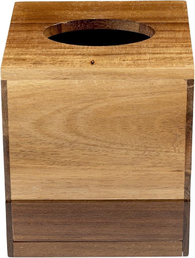 MyGift Premium Dual Tone Solid Acacia Wood Square Bathroom Facial Tissue Box Dispenser Holder Cover with Slide-Out Bottom Panel, 5.5 x 5.5 x 6.3 Inches