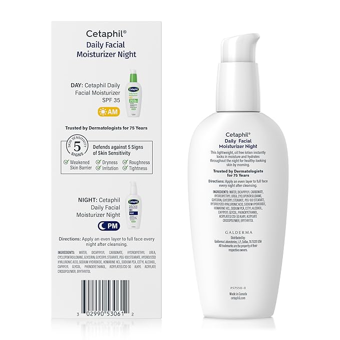 Cetaphil Night Moisturizer for Face, Hydrating Facial Moisturizer with Hyaluronic Acid, All Skin Types, Lightweight and Non-Comedogenic, Dermatologist Recommended for Sensitive Skin, 3oz (Pack of 2)