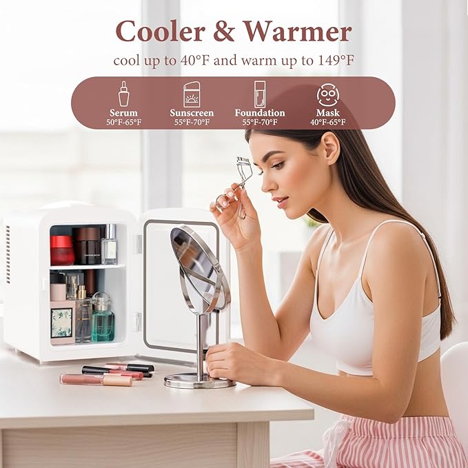 Xbeauty Mini Fridge, 4L Portable Small Refrigerator for Skincare, Cosmetics, Food & Drinks, Cooling&Heating, Compact Refrigerator for Bedroom, Dorm, Car, Office, White