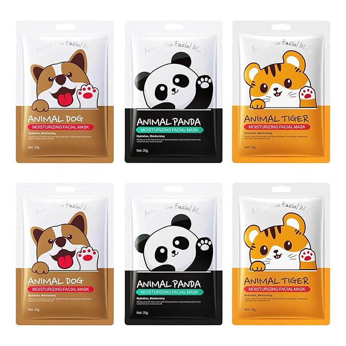 6 Packs Animal Character Facial Masks, Deep Hyrating Spa Masks for All Skin Types, Gift for Kids' Birthady Party, Girl's Night, Enjoy Skincare Life