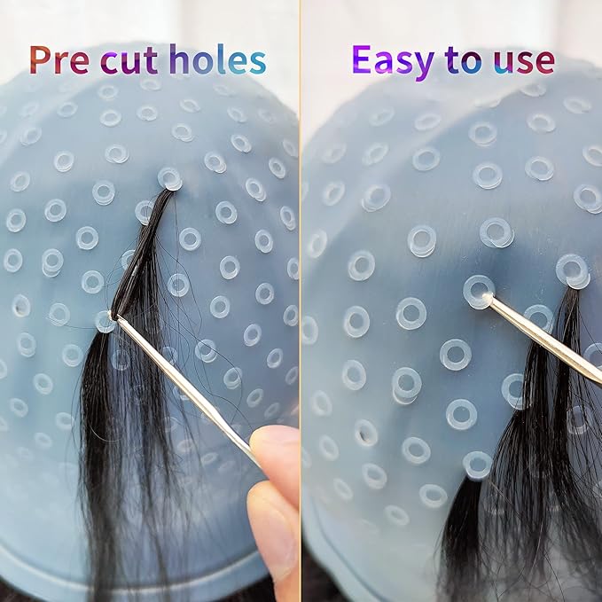 Highlight Caps with Pre Cut Holes Silicone Hair Highlighting Cap for Highlighting Hair Dye Cap No Leakage Reusable Highlighting Cap Dye Cap Pre Pierced (Blue)