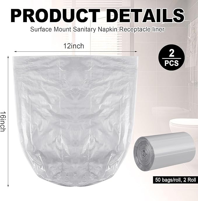 Maxdot 2 Roll 50 Bags Sanitary Napkin Disposal Receptacle Liner Surface Mount Feminine Hygiene Liner Plastic Bags for Wall Mountable Receptacles or Bin, Bathroom, Commercial, Restroom, 12 x 16 Inch