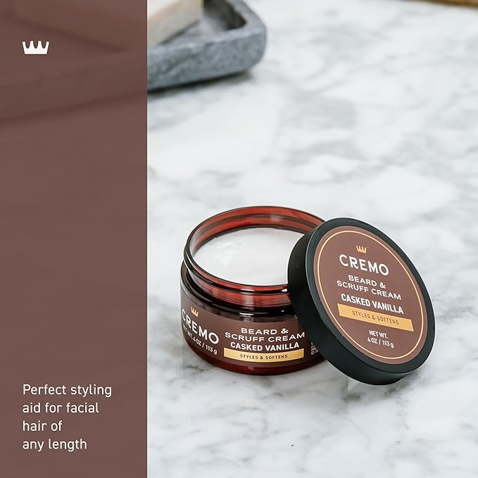 Cremo Beard & Scruff Cream, Casked Vanilla, 4 oz - Soothe Beard Itch, Condition and Offer Light-Hold Styling for Stubble and Scruff