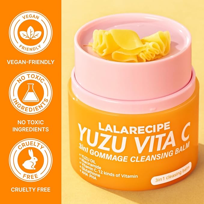 LALARECIPE Yuzu Vitamin C 3-in-1 Gommage Cleansing Balm, Korean Makeup Remover with AHA for Blackheads & Exfoliation, Vegan Facial Cleanser for All Skin Types (1.69 Fl Oz / 50ml)