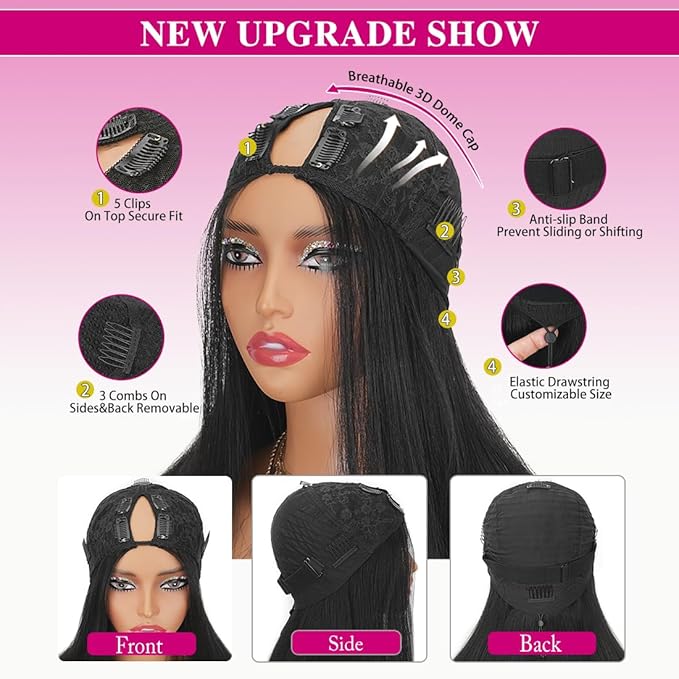 250% Density V Part Wigs Human Hair Straight Upgrade U Part Drawstring Wigs for Black Women Fits Snug & Secure No Glue No Sew in Beginner-Friendly Clip in Half Wig Natural Color 18 Inch