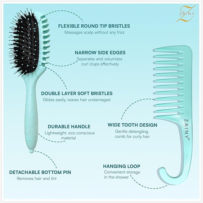 ZAINY Curl Defining Brush 2PC Set, Wide Tooth Comb for Curls, Curly Hair Brush for Women, Wet Detangler Wavy Hairbrush & Shower Detangling Curl Comb & Define Curl Brush for Kids, Girls, Toddlers & Men