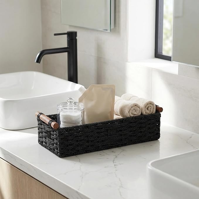Back of Toilet Basket, Black Wicker Toilet Tank Basket for Toilet Paper Storage, Basket for Toilet Tank Top, Narrow Bathroom Organizer for Wipes & Essentials